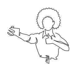 Continuous One Line Drawing of african american woman with afro haircut shows thumb on phone camera. Vector illustration portrait black girl holding smartphone, making selfie photo