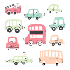 Big set of different hand drawn toy cars