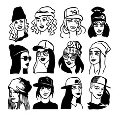 Vector black and white image of a young woman set in hip hop caps and knitted winter hats