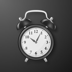 Vector Realistic 3d Black Retro Alarm Clock Closeup on Black Background. Design Template of Vintage Alarm Clock for Graphics, Banners, Advertise. Top View