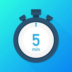The 5 minutes, stopwatch vector icon. Stopwatch icon in flat style, timer on on color background.  Vector illustration.