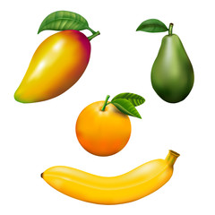 Mango,Bananas,Avocado,Orange,Fruit isolated on white with clipping path.
