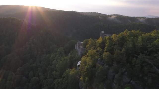 4K Drone aerial Oybin, sunrise, sunset, sundown, Castle, monastery, germany