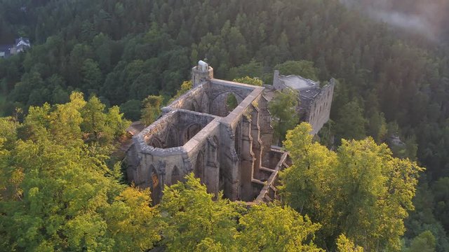 4K Drone aerial Oybin, sunrise, sunset, sundown, Castle, monastery, germany