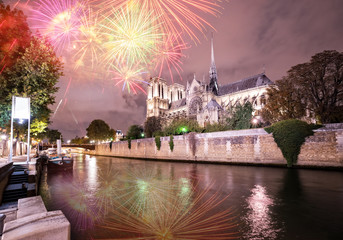 Notre Dame cathedral over the Seine river illuminated at night with fireworks, Paris, France - obrazy, fototapety, plakaty