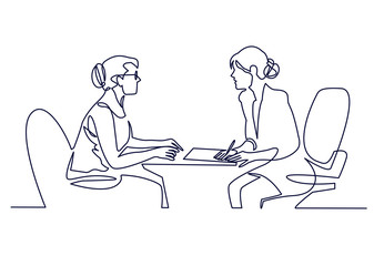 Vorstellungsgespräch - Vektor moderne einfache einzeilige Designkomposition mit Personalvermittler und Kandidat. Kontinuierliche Strichzeichnung von zwei Frauen sprechen am Tisch.