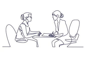 Fototapete Eine Linie Vorstellungsgespräch - Vektor moderne einfache einzeilige Designkomposition mit Personalvermittler und Kandidat. Kontinuierliche Strichzeichnung von zwei Frauen sprechen am Tisch.