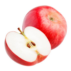 Ripe red apple with half isolated on white background