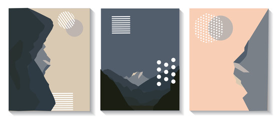 Cover templates are set with graphic geometric elements with images of mountains. It is used for posters, brochures, posters, covers and banners