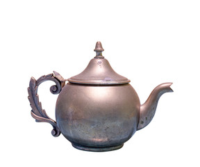 Beautiful vintage copper teapot kettle with tarnished metal, isolated in white background. Old teapot with abrasions.