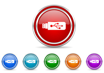 Usb silver metallic colorful vector web and mobile phone icon set