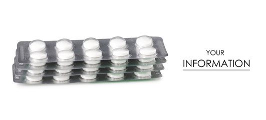 Medicine pills in blister, drug tablets, pattern isolated on white background. Pharmacy and medication.