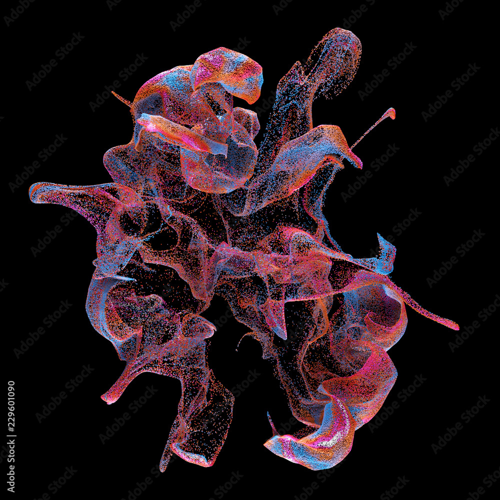 Poster 3d render abstract background with complex particles simulation. a lot of particles under influence 