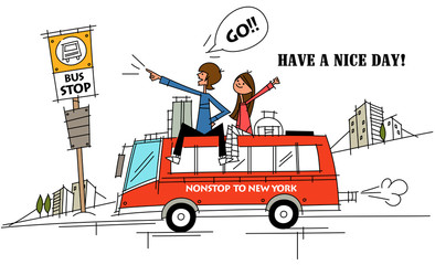 Two people traveling on the roof of a bus