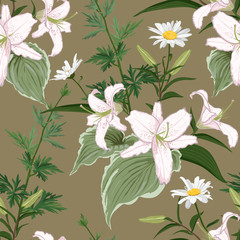 Beautiful seamless pattern in retro style with lilies and daisies on a brown background. 