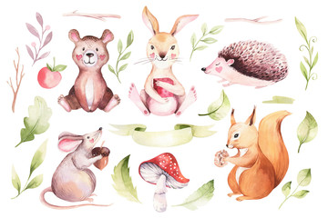 Schattige baby dieren kwekerij muis, konijn en beer geïsoleerde illustratie voor kinderen. Aquarel boho bos tekening eekhoorn, aquarel, egel afbeelding Perfect voor kinderkamer posters, patronen