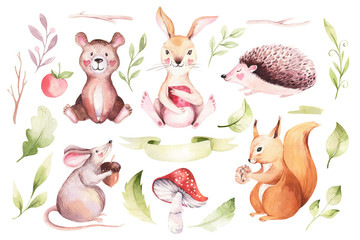 Cute baby animal nursery mouse, rabbit and bear isolated illustration for children. Watercolor boho forest drawing squirrel, watercolour, hedgehog image Perfect for nursery posters, patterns