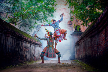 Art culture Thailand Dancing in masked khon in literature ramayana,Thai classical monkey masked, Khon,Thailand - obrazy, fototapety, plakaty