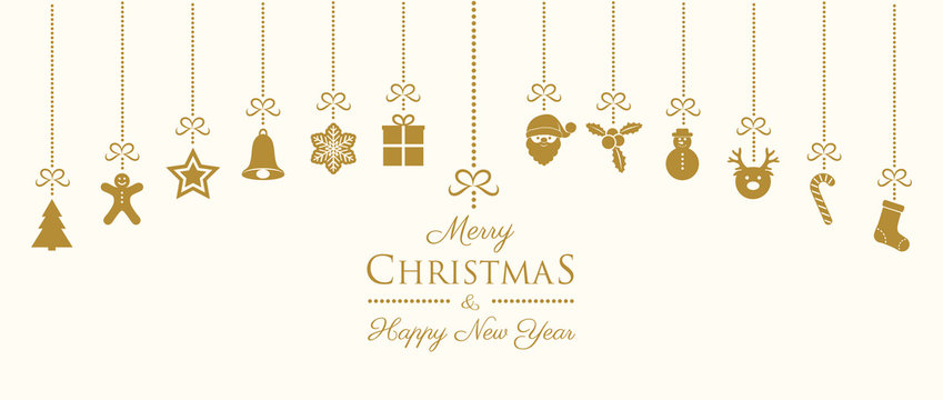 Christmas and New Year banner with hanging decorations. Vector.