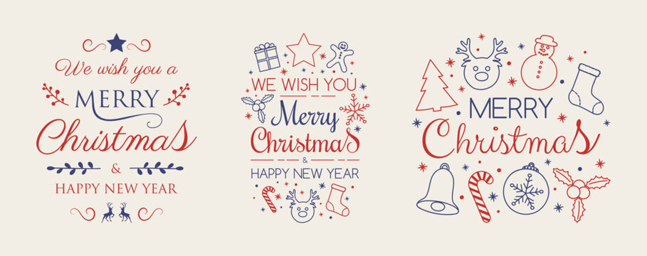 Set with Christmas ornaments and wishes. Vector.