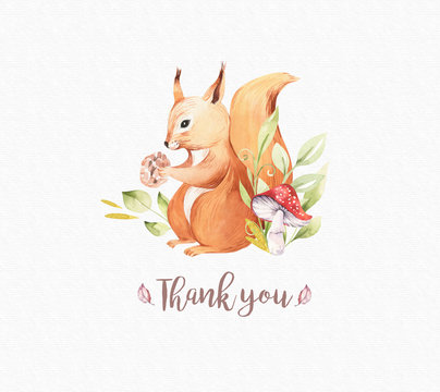 Cute baby animal nursery isolated illustration for children. Watercolor boho forest drawing squirrel forest image Perfect for nursery posters, patterns