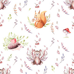 Cute baby animal nursery mouse, rabbit and bear isolated illustration for children. Watercolor boho forest drawing squirrel, watercolour, hedgehog image Perfect for nursery posters, patterns