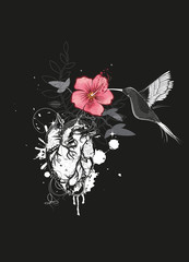 Kolibri und Herz mit Blume