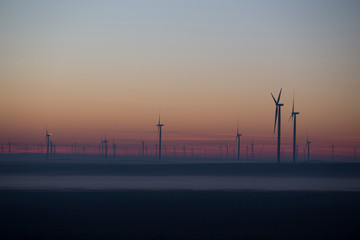 wind turbines at sunset