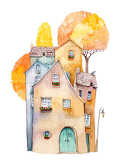 Fototapety  Mała wioska jesienią ze starymi domami i żółtymi drzewami stojącymi razem. Akwarela ilustracja na białym tle.