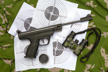 Air gun, target, binoculars, von khaki