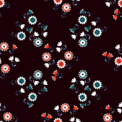 Amazing seamless floral pattern with bright colorful small flowers. Folk style millefleurs. Elegant template for fashion prints. 