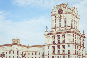 Detailed view of The Gates Of Minsk. Soviet Heritage. Famous Landmark. Station Square. Minsk. Belarus.