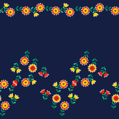 Amazing seamless floral border with bright colorful small flowers. Folk style millefleurs. Elegant template for fashion prints. 