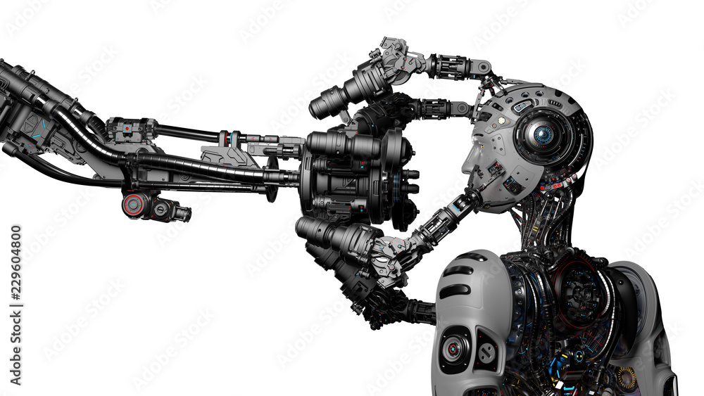 Poster futuristic robot man or cyborg is being constructed by robotic arms or mechanical hands. isolated on
