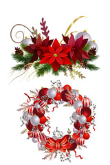 Christmas Wreath with ribbons, balls and bow isolated