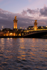 Obraz na płótnie Canvas famous Alexandre III Bridge over Seine river illuminated at violet twilights, Paris, France