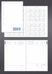 Template for layout of daily planner for 2019 year. Design office book with page templates, personal data and calendar data on 2018, 2019, 2020, 2021 years made in program for typesetting InDesign