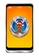 Smartphone with Reindeer wishing Merry Christmas Button - 3D illustration