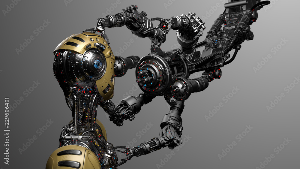 Poster futuristic robot man or cyborg is being constructed by robotic arms or mechanical hands. isolated on