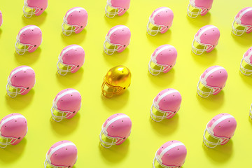 Vivid colorful 3d rendering football helmet background.There's a golden football helmet in the middle, the concept of the focal point and focus.