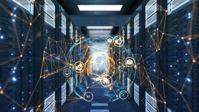 Beautiful Network Icons Connected in Abstract Sphere Flying Through Modern Data Center Room Server Racks. Seamless 3d Animation. Future Digital Technology and Business Concept. 4k Ultra HD 3840x2160.