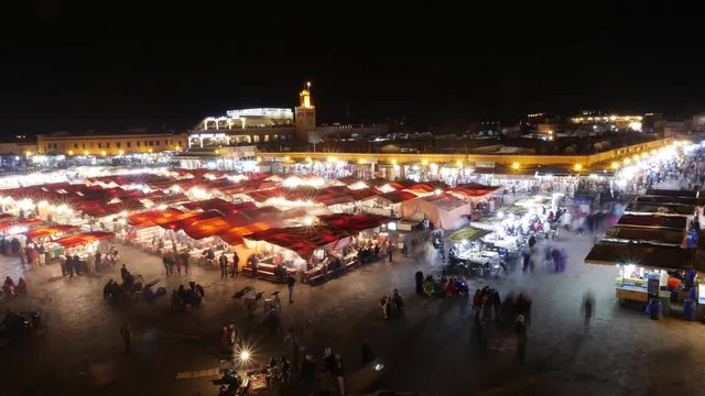 Time lapse of the square and market place Jemaa el-Fnaa in Marrakesh's medina quarter. Morocco