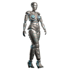 Robot Woman or Female Cyborg walking on white background. 3D render