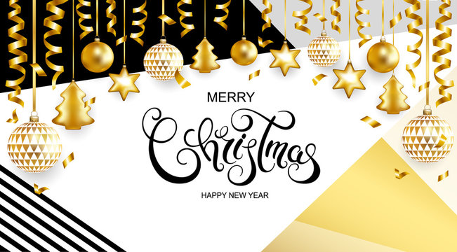 Merry Christmas and Happy New Year card with balls and serpentine on geometric background. Vector illustration.