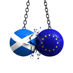 Scotland flag and European union political balls smash into each other. 3D Rendering