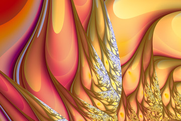 Wavy abstract pattern with large influxes. Bright colors and highlights. Digital artwork. Fractal graphics.