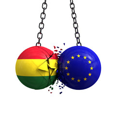 Bolivia flag and European union political balls smash into each other. 3D Rendering