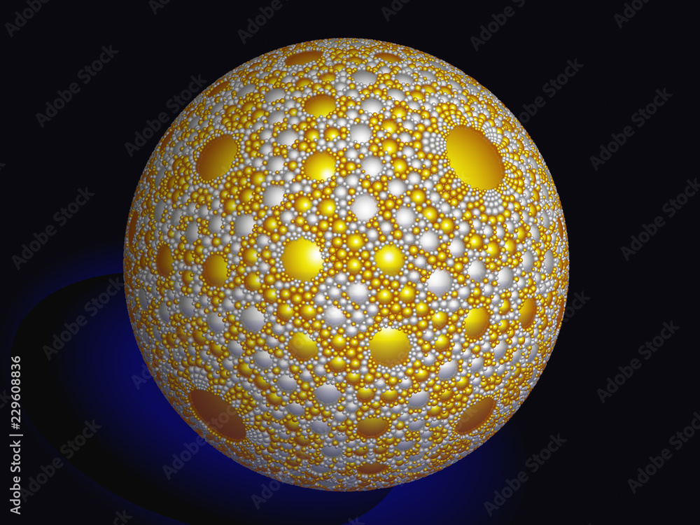 Poster a beautiful magic sphere with a spherical pattern. glossy golden surface with shadows and reflection
