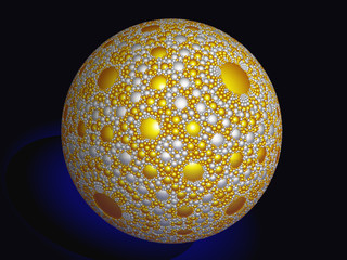 A beautiful magic sphere with a spherical pattern. Glossy golden surface with shadows and reflections. Digital artwork. Fractal graphics.