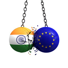 India flag and European union political balls smash into each other. 3D Rendering